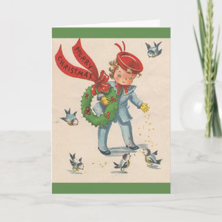 Carte de Noël vintage de nourrissage d'oiseaux