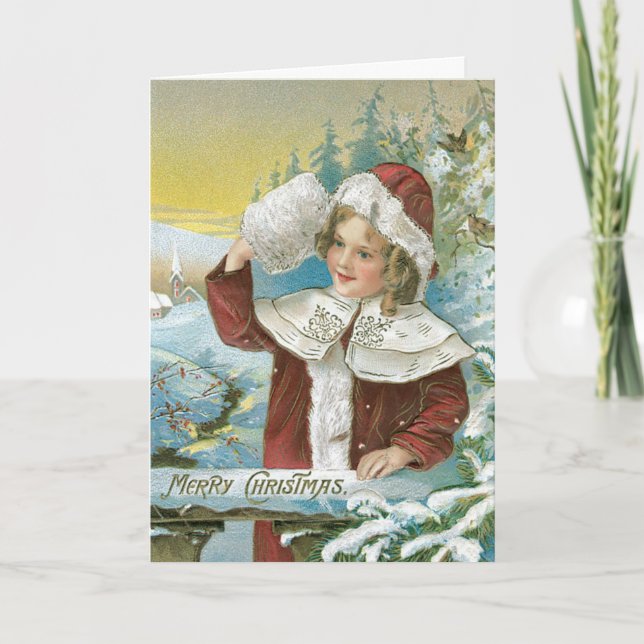 Carte de Noël Vintage enfant en neige (Devant)