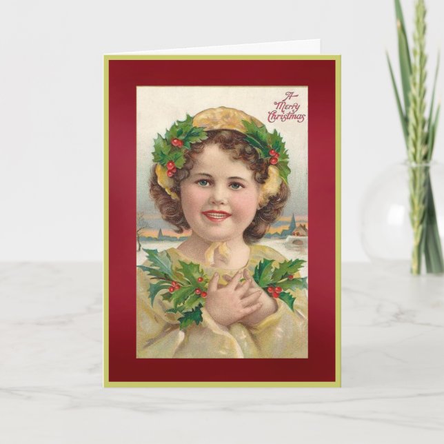 Carte de Noël vintage Fille Holly (Devant)