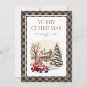 Carte de Noël vintage Plaid Red Truck Snow Joyeux 
