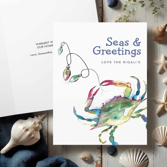 Carte de Noël Watercolor Beach Crabe bleu (Beach Christmas cards watercolor blue crab art by Victoria Grigaliunas Do Tell A Belle)