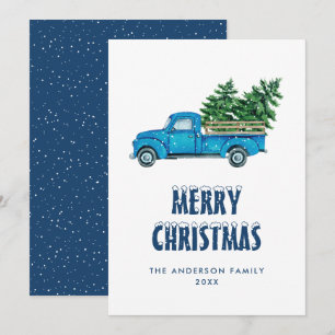 Carte de Noël Watercolor Blue Truck Snow Joyeux