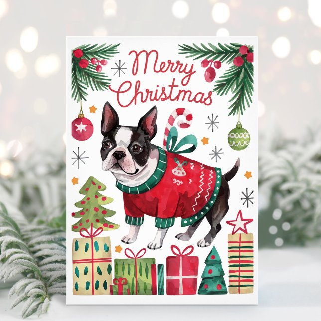 Carte de Noël Watercolor Boston Terrier (Boston Terrier Christmas Card)