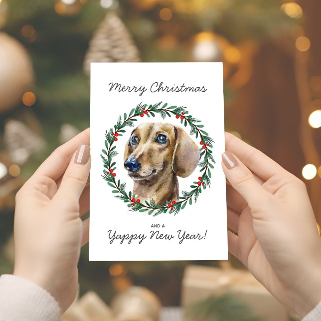 Carte de Noël Watercolor Dachshund Holiday Wreath (Personalize by editing any text on front also verse and greeting inside card.)