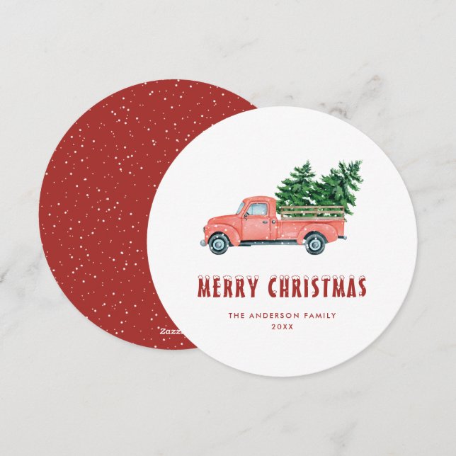 Carte de Noël Watercolor Red Truck Snow Joyeux (Devant / Derrière)