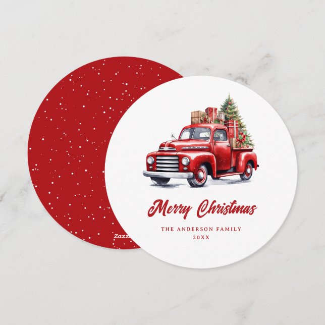 Carte de Noël Watercolor Red Truck Snow Joyeux (Devant / Derrière)