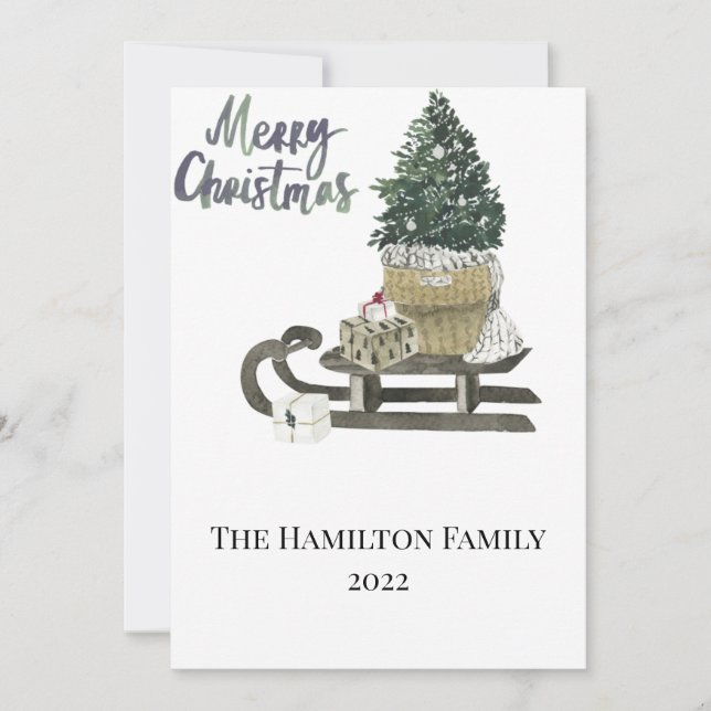 Carte de Noël Watercolor Sled et Arbre (Devant)