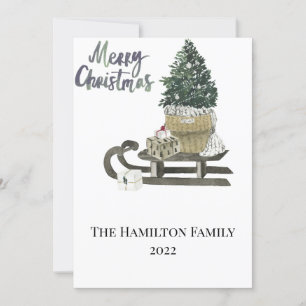 Carte de Noël Watercolor Sled et Arbre