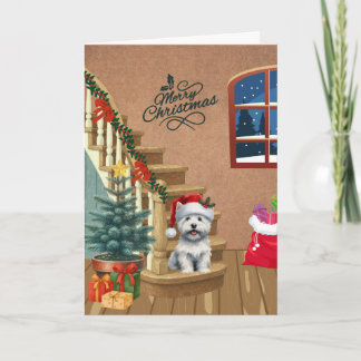 Carte de Noël Westie d'hiver dans l'escalier