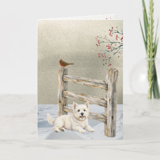 Carte de Noël Westie d'hiver près de la clôture