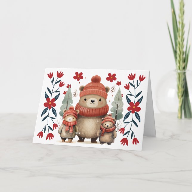 Carte de Noël Whimsical Winter Bears & Florals (Devant)