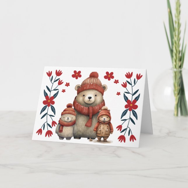 Carte de Noël Whimsical Winter Bears & Florals (Devant)