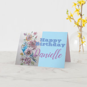 Carte de nom d'anniversaire Blue Budgie & Rose Flo