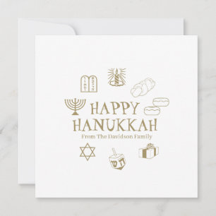 Carte de nom de famille blanche or Happy Hanoukka