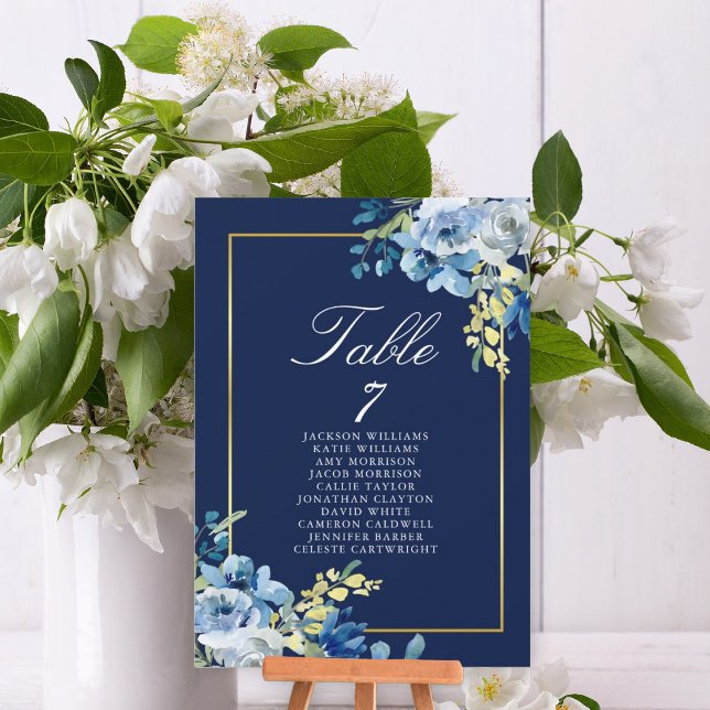 Carte de nom de la table Mariage Floral bleu marin (Créateur téléchargé)