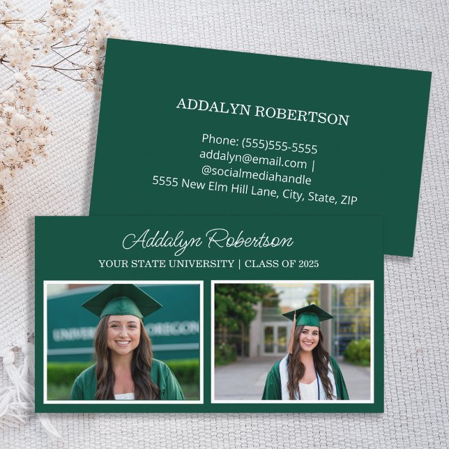 Carte de nom du diplômé Green White 2 Photo (Green and white 2-photo graduate business card)