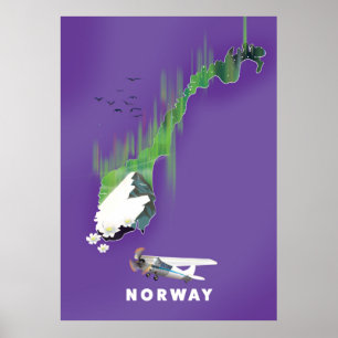 Carte de Norvège affiche illustrée imprimée.
