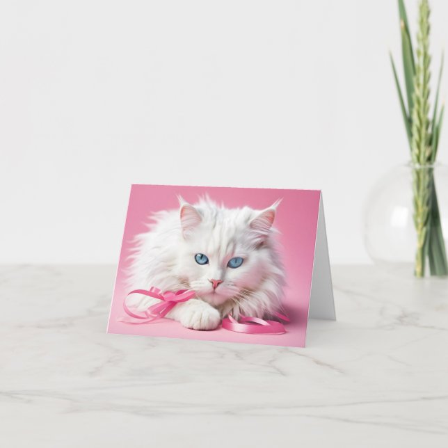 Carte de note chat blanc avec rubans (Devant)