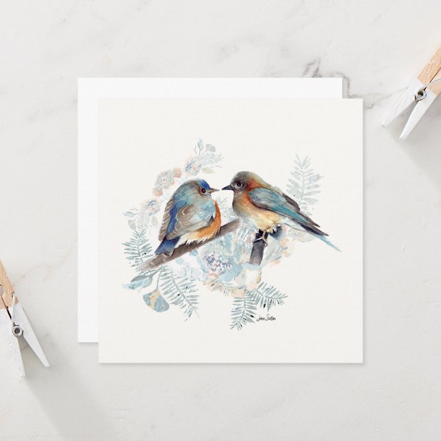 Carte de note d'aquarelle Bluebird Couple (Beautiul Watercolor Bluebird Couple Square Blank Note Cards from Jenn Steffen Art)