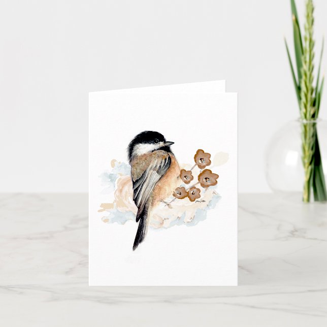 Carte de note d'aquarelle de poulet (Chickadee watercolor note card by Jenn Steffen Art)
