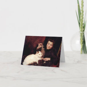 Carte de note d'art vintage rouge Chat et Fille av