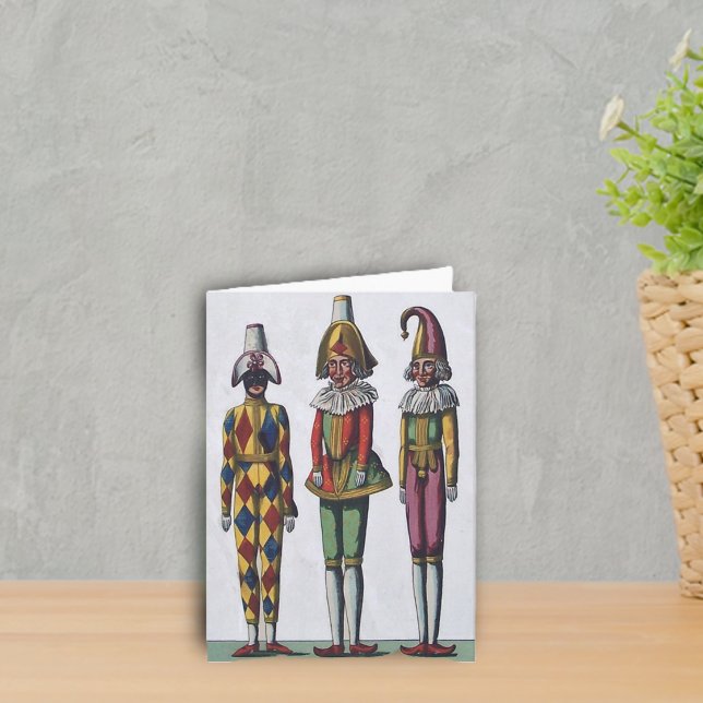 Carte de note de trois farceurs (Three Dolls in colourful Jester outfits with hats on grey notecards.)