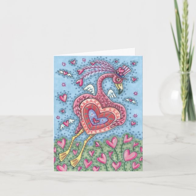 CARTE DE NOTE DE VALENTINE CUPID FLAMANT ROSE ROSE (Devant)