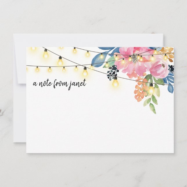 Carte de note Fleurs aquarelles et lumières à cord (Devant)