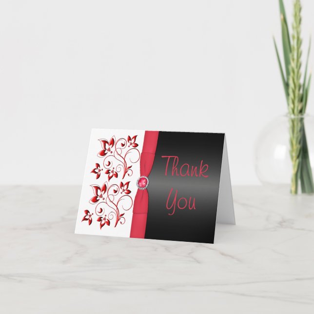 Carte de note Merci Floral Rouge, Noir et Blanc (Devant)