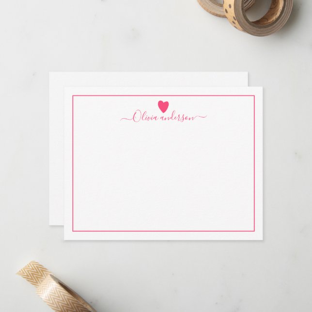 Carte de note personnalisée Pink Love Heart (Devant/Arrière en situation)