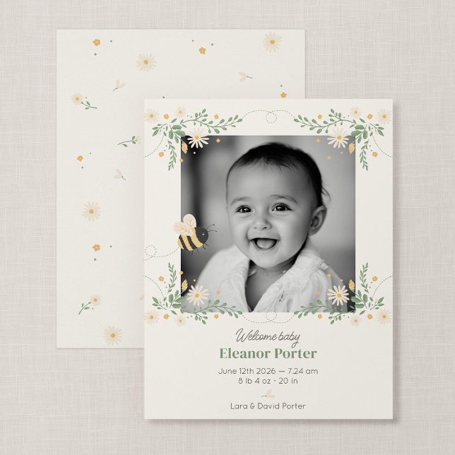 Carte de notification de naissance de bébé abeille (Wildflower Flight - Compact 4.25 x 5.5" Honey Bee Baby Photo Card Announcement)