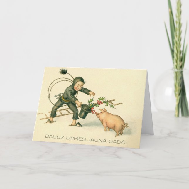 Carte de Nouvel An rétro lettone Cochon et Ramoneu (Devant)