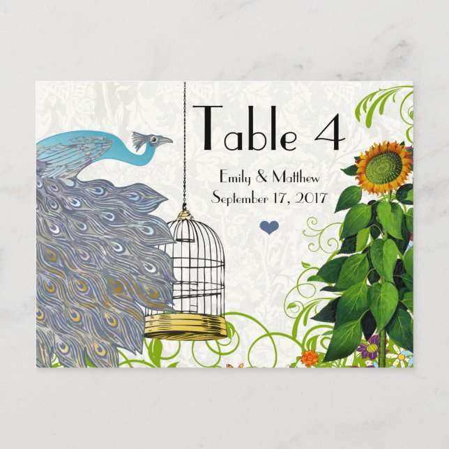 Carte de numéro de Mariage Peacock & Bird Cage vin (Dos)