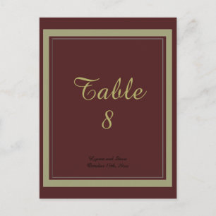 Carte de numéro de table bordeaux et or