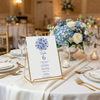 Carte de numéro de table de mariage à fleurs bleue