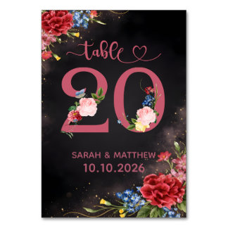 Carte de numéro de table de mariage à fleurs rose 