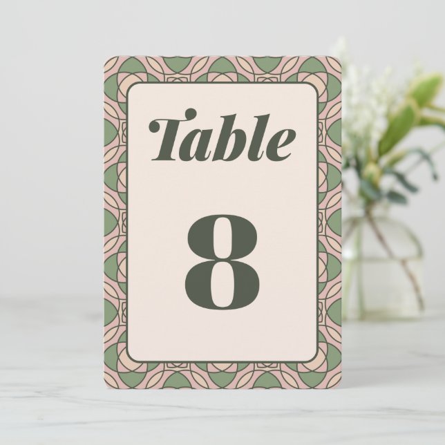 Carte de numéro de table de mariage Art Déco vert  (Debout devant)
