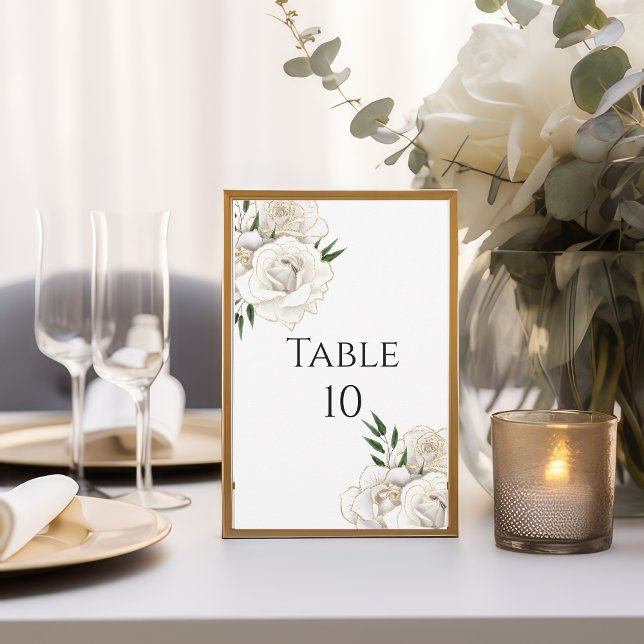 Carte de numéro de table de mariage élégante aux R (White Roses Gold Trim Floral Flowers Elegant Classic Wedding Table Number Cards)