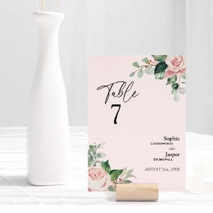 Carte de numéro de table de Mariage rose flou