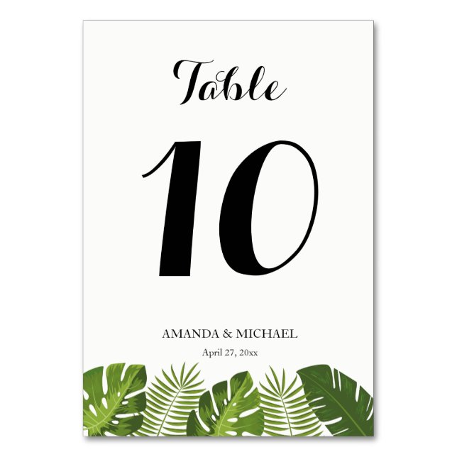 Carte de numéro de table de mariage tropical feuil (Dos)