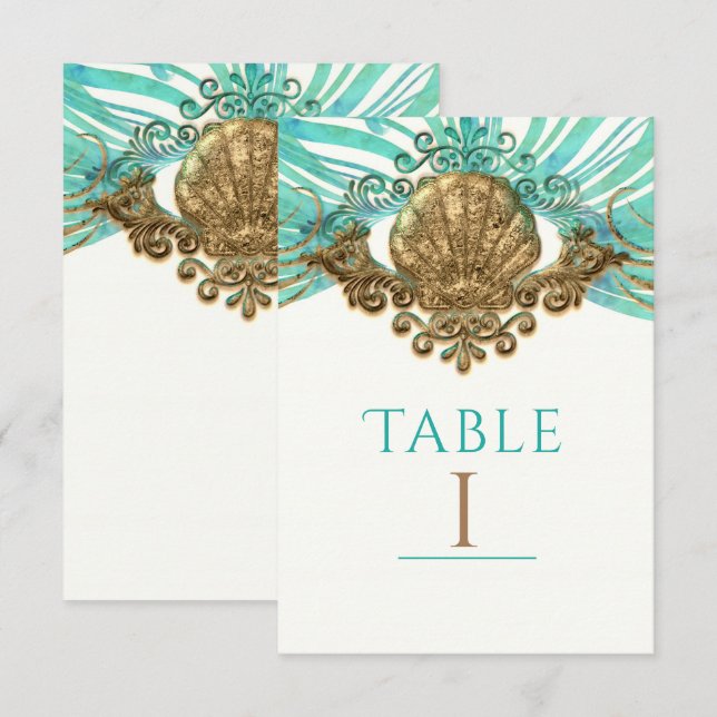 Carte de numéro de table de plage glamour coquilla (Devant / Derrière)