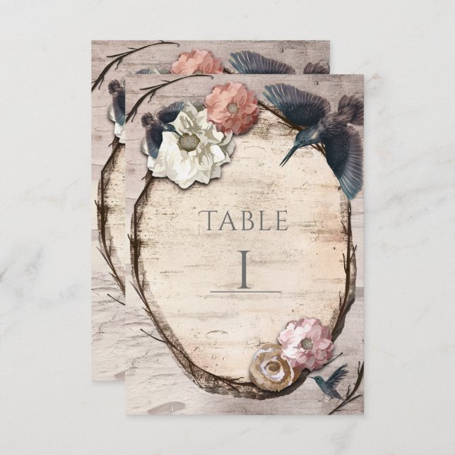 Carte de numéro de table en bouleau blanc rustique (Devant / Derrière)