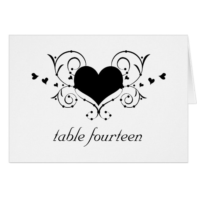 Carte de numéro de table Heart Flourish, Noir (Devant horizontal)