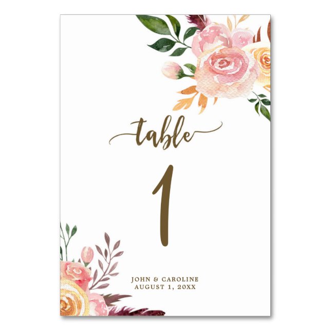 Carte de numéro de table mariage boho floral (Par défaut)