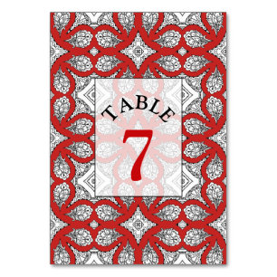 Carte de numéro de table Mariage rouge, noir et bl