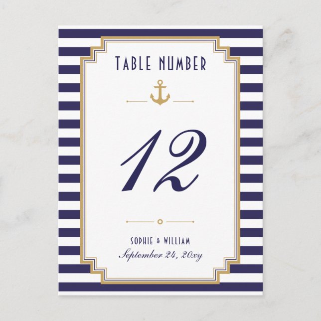 Carte de numéro de table rayée bleu marine blanc (Devant)
