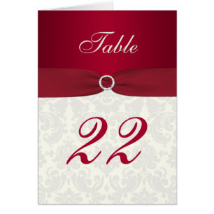 Carte de numéro de table rouge et ivoire Damask