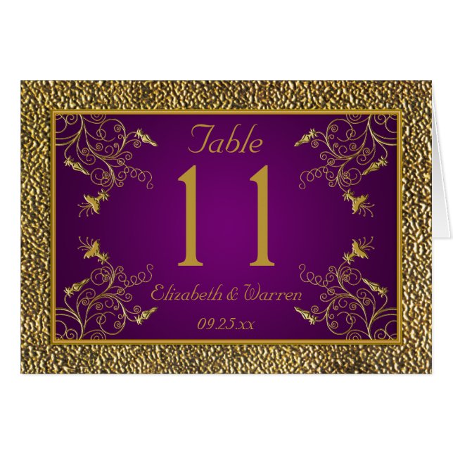 Carte de numéro de table Royal Purple and Gold Flo (Devant horizontal)