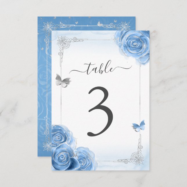 Carte de numéro de table Silver Bahama Blue Roses  (Devant / Derrière)