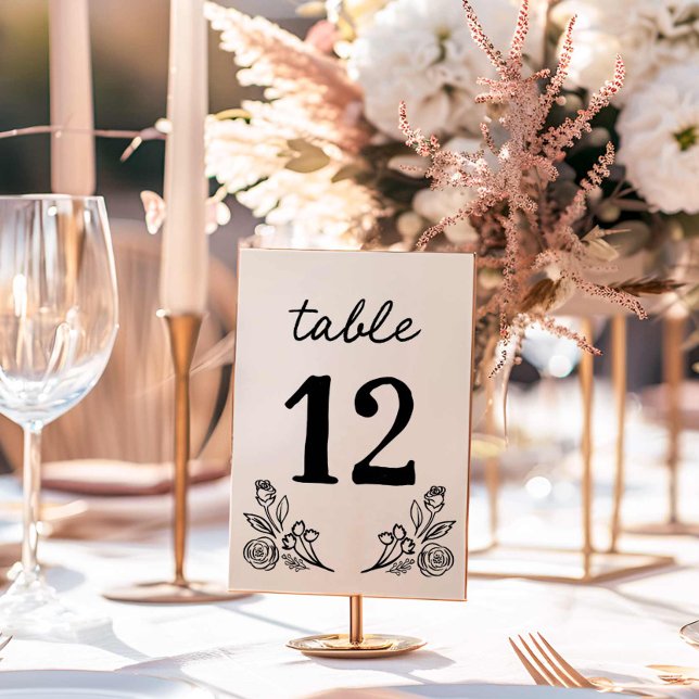 Carte de numéro de table simple Mariage floral (Hand Drawn Floral Wedding Table Number)